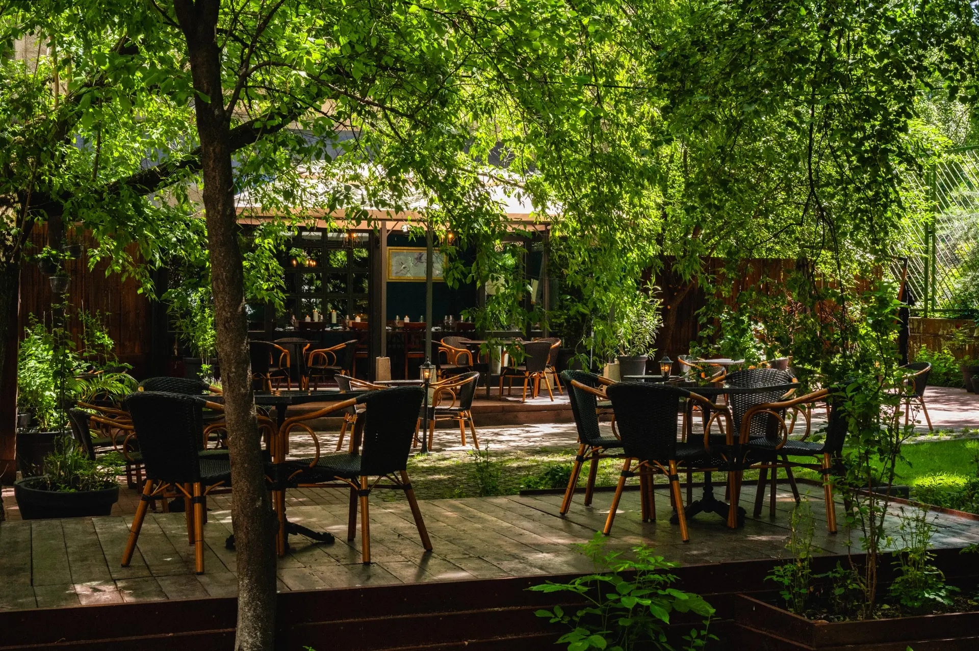 Stoliki wśród zieleni w letnim ogrodzie HOŻA Steakhouse